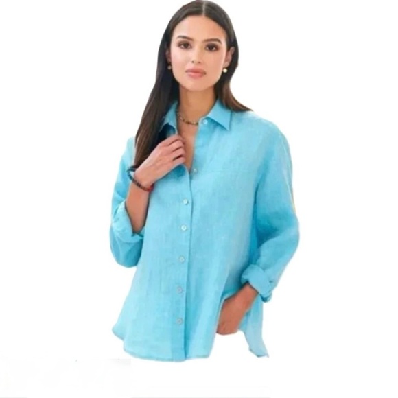 UNTUCKit Womens Blush-Aqua 100% Linen Reg Fit Button Down Shirt Long Sleeve Sz 4 - Picture 1 of 5